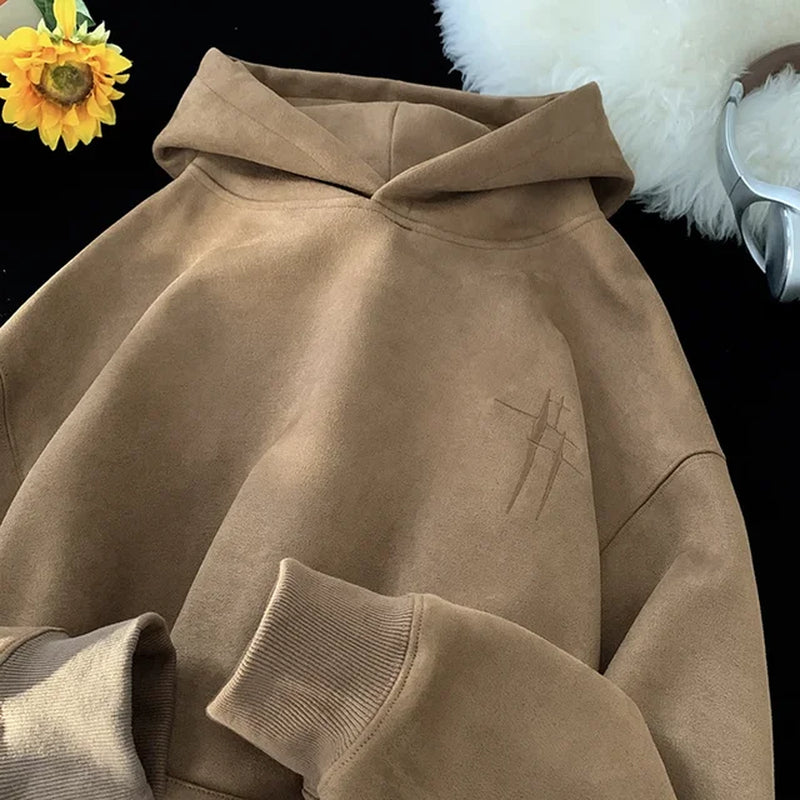 "Vintage American College Style Men's Suede Hoodie - Streetwear"