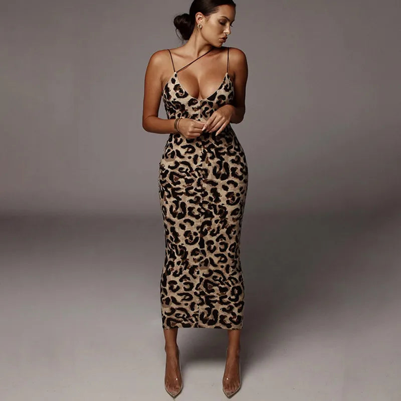 Leopard Print V-Neck Sleeveless Midi Dress: Sexy Streetwear for Spring Parties